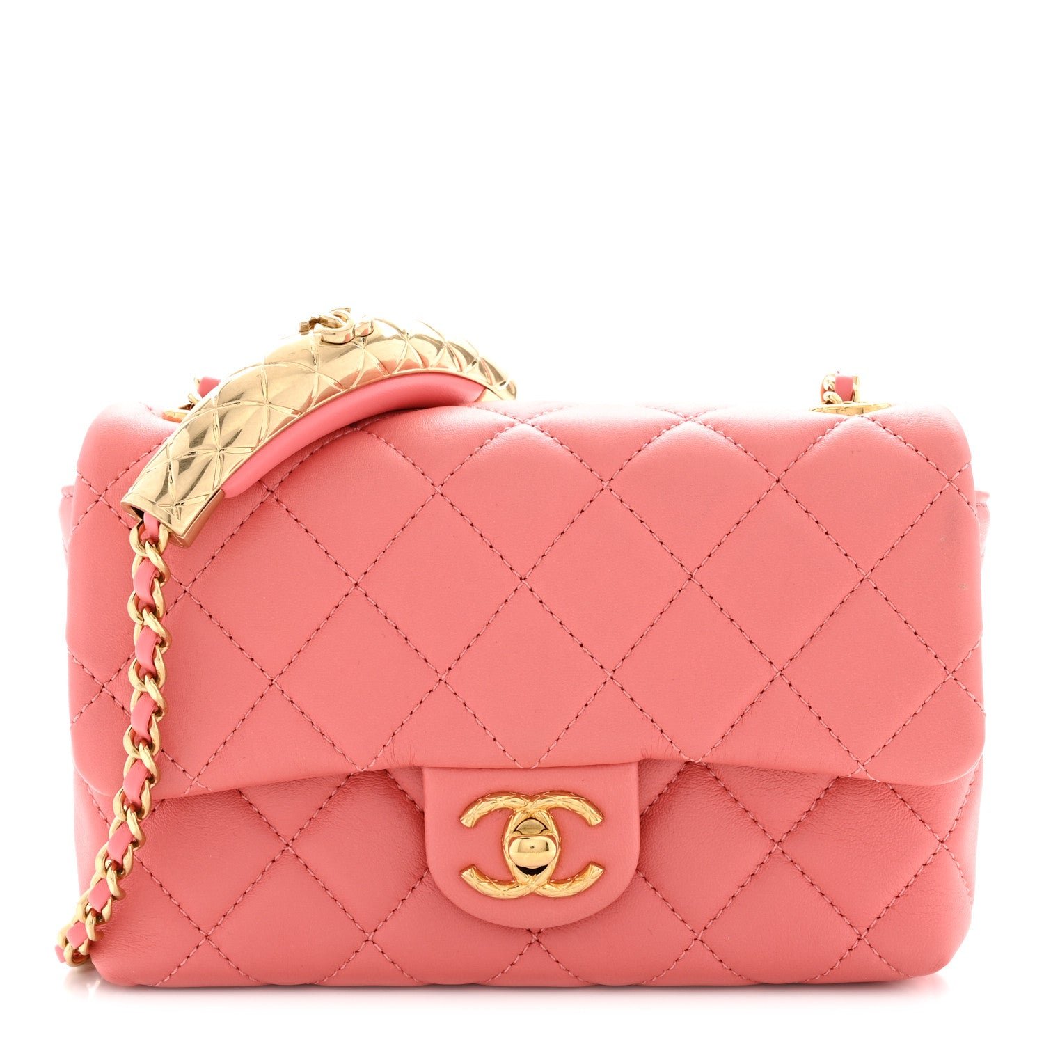 Chanel Lambskin Quilted Mini Quilted Handle Crush Flap  Pink