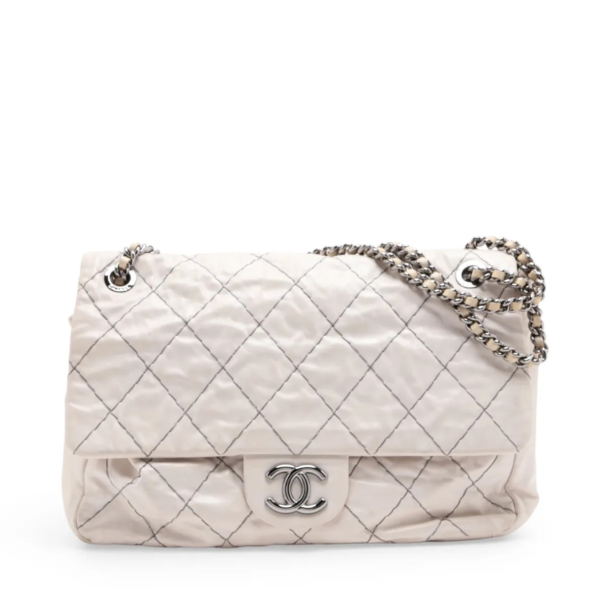 Chanel Wild Stitch Leather Single Flap Double Chain Bag White Silver Metal Fitti