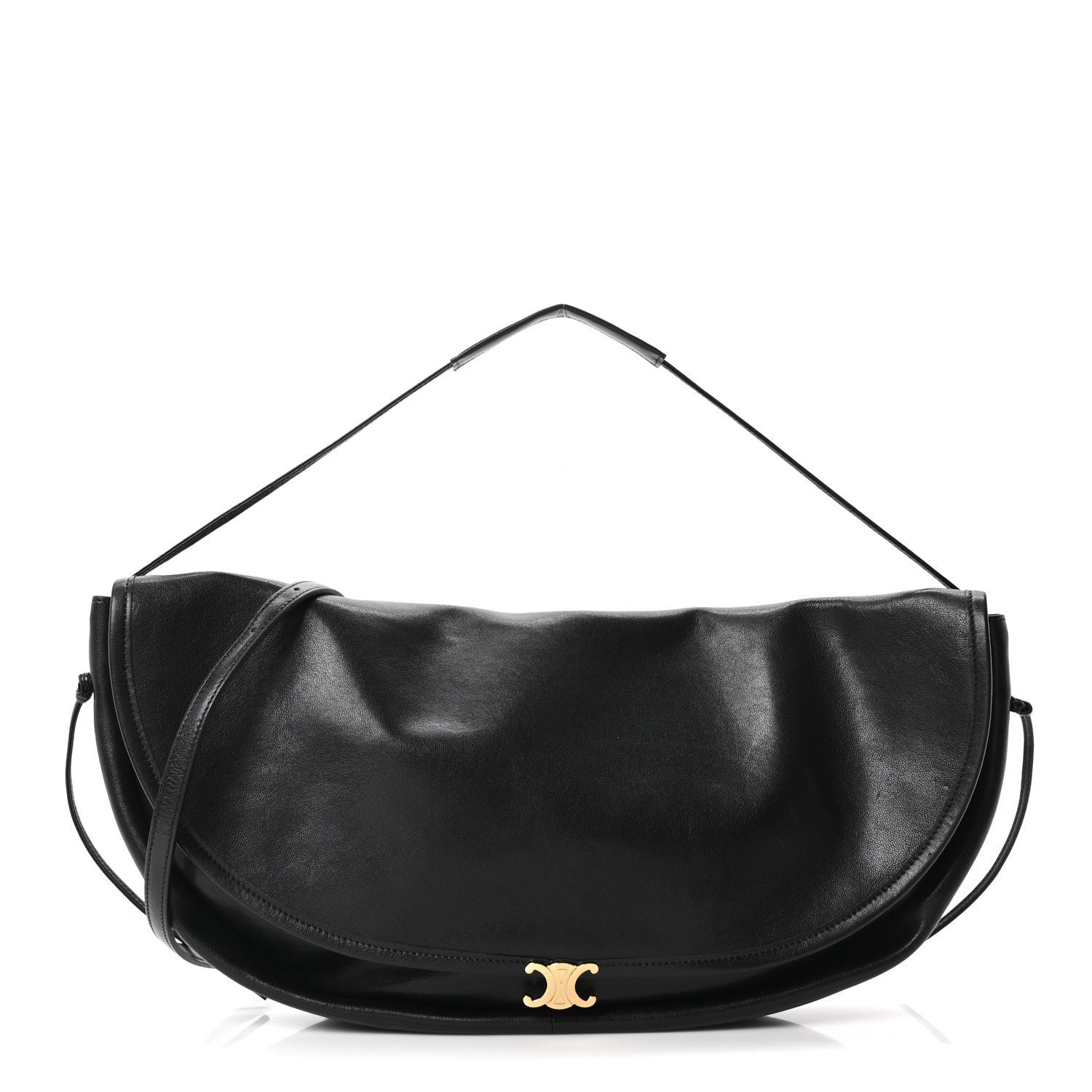 Celine Shiny Lambskin Soft Triomphe Half Moon Bag Black