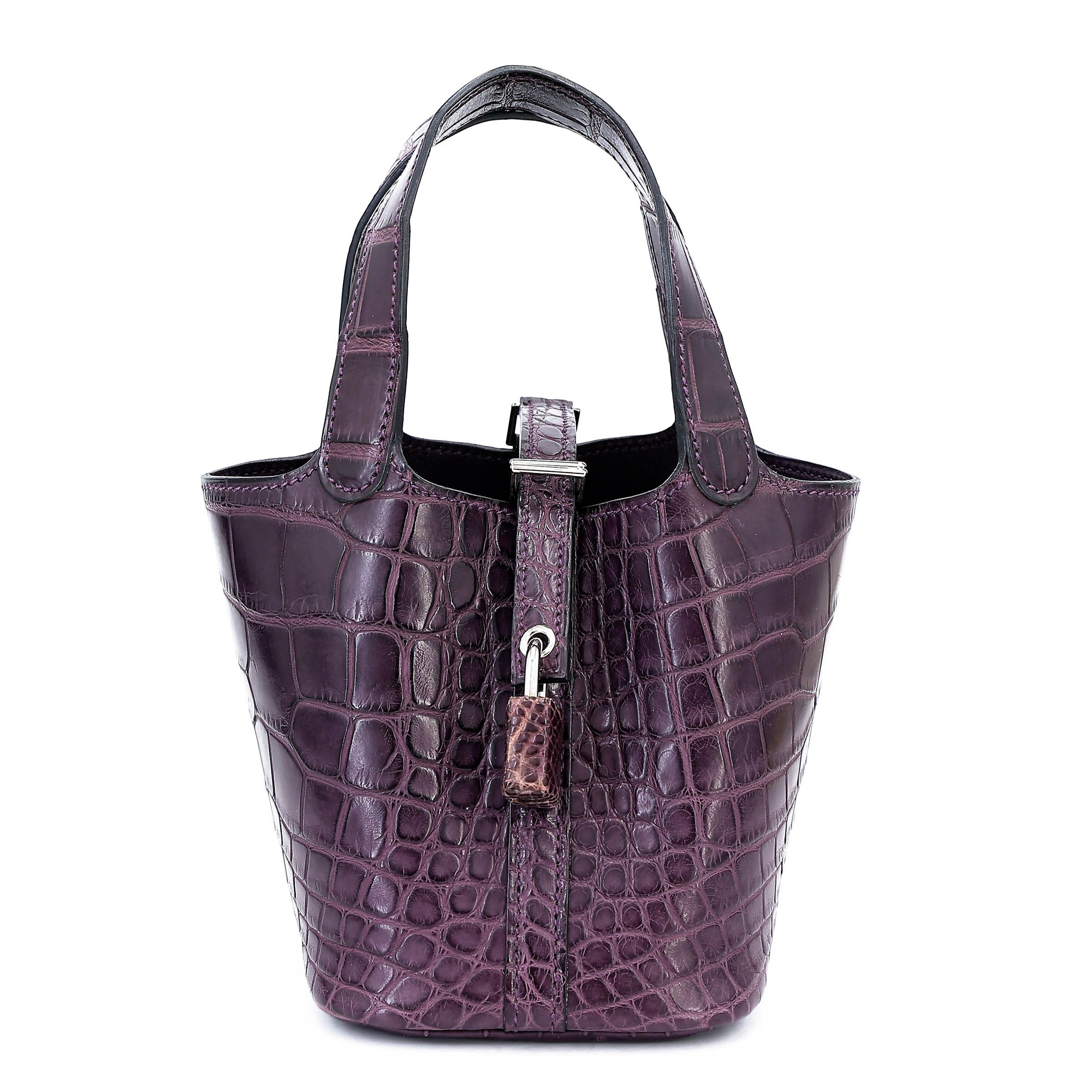 Excellent ( Rank SA ) HERMÈS Picotin Lock Micro 14 Amethyst (9G) Matte Alligator Palladium hardware Square P (2012)
