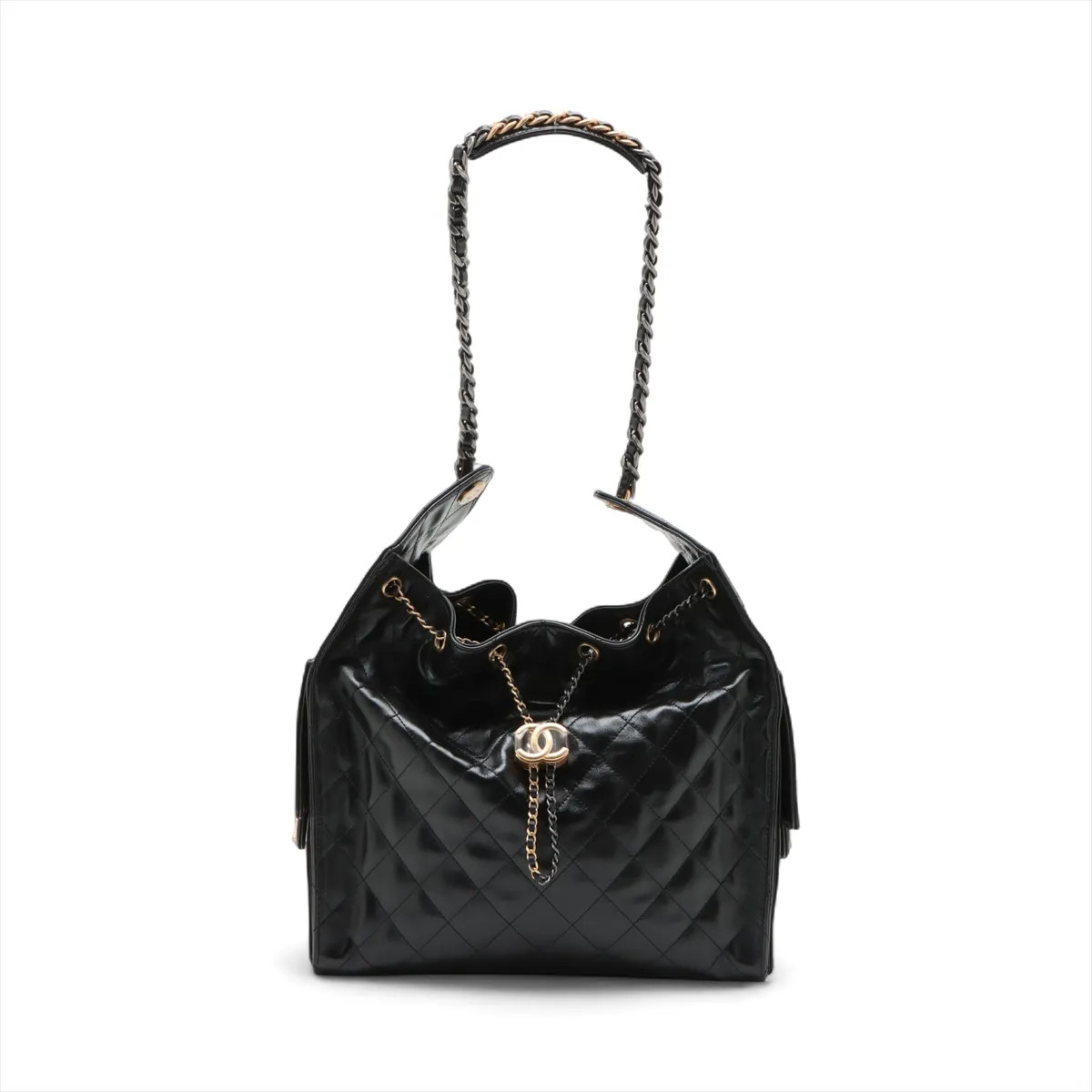Chanel Chanel 25 Medium Leather Chain Shoulder Bag Black Gold x Silver Metal Fit
