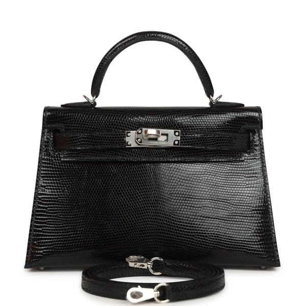 Hermes Kelly Sellier 20 Black Shiny Lizard Palladium Hardware