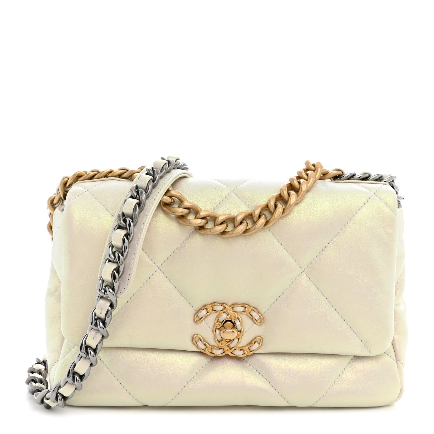 Chanel Iridescent Calfskin Quilted Medium Chanel 19 Flap  White