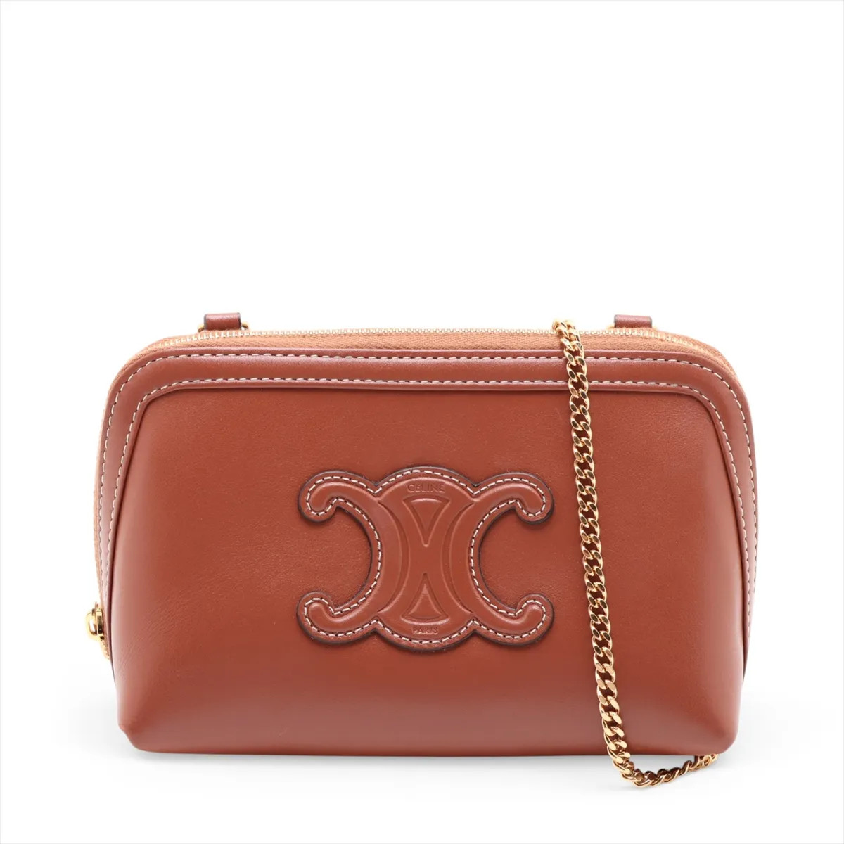 Celine Celine Triomphe Chain clutch Cuir Leather Chain Shoulder Bag Brown