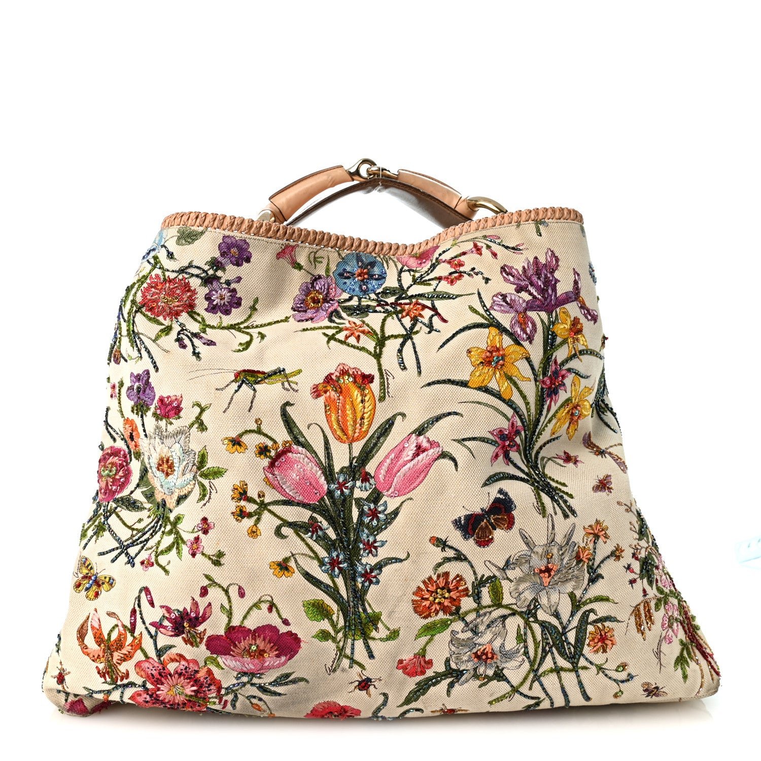Gucci Canvas Flora Beaded Large Horsebit Chain Hobo White