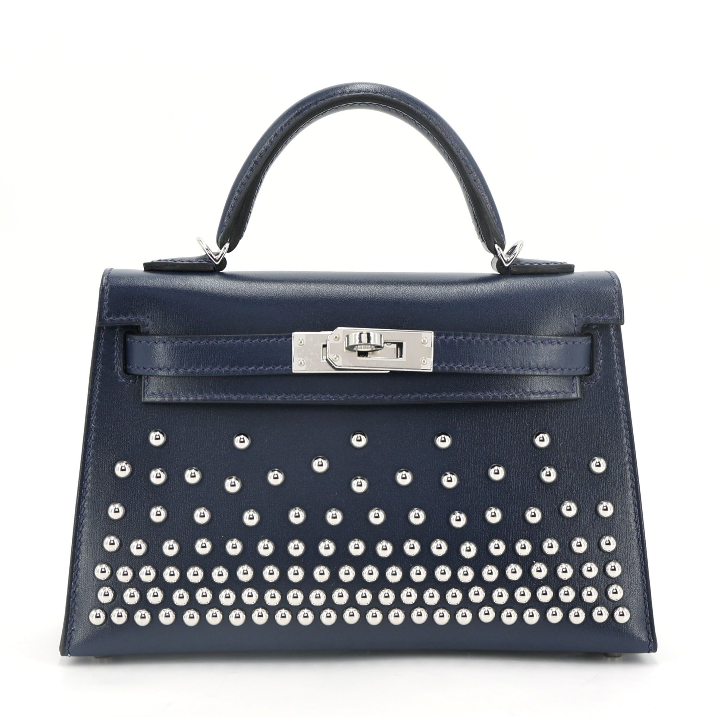 Hermes Brand New ( Rank N ) HERMÈS Limited Edition Mini Kelly II Cloute Studded Noir (89) Bleu Abysse (7K) Box-calf Palladium hardware K (2025)