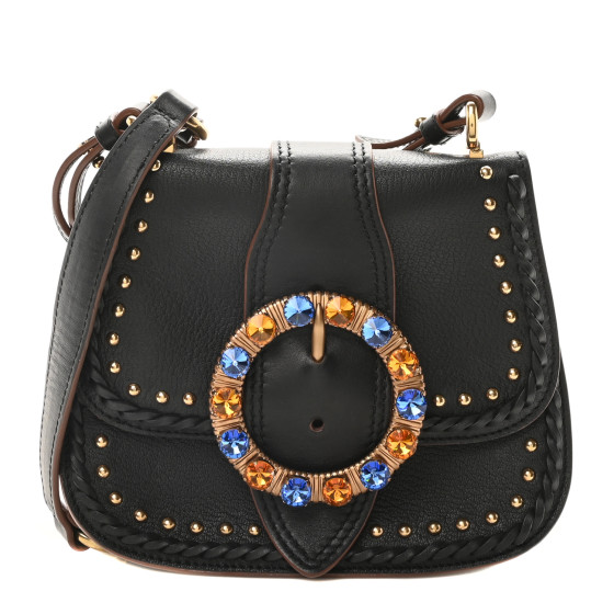 Miu Miu Goatskin Madras Soft Calfskin Crystal Embellished Lady Saddle Black