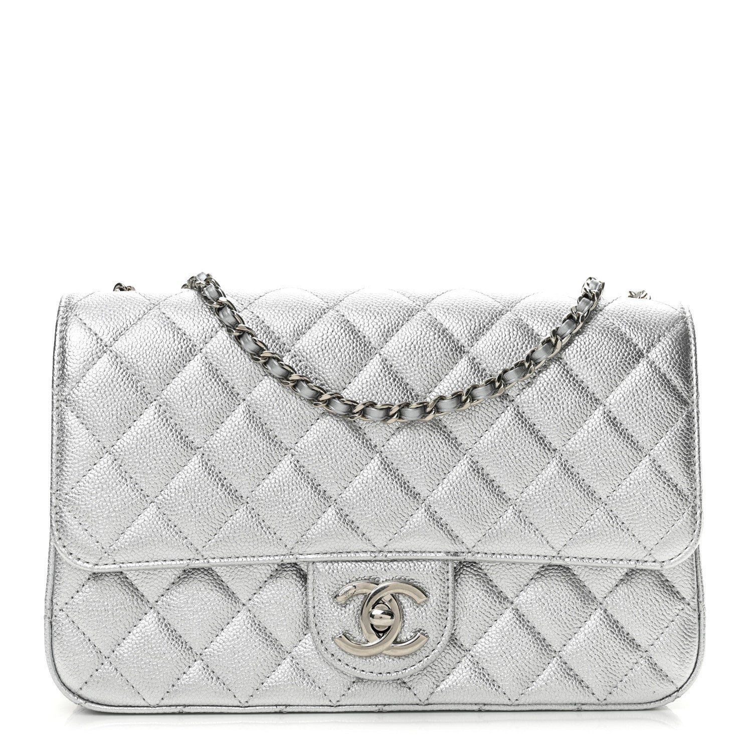 Chanel Metallic Caviar Quilted Medium CC Slide Flap Silver