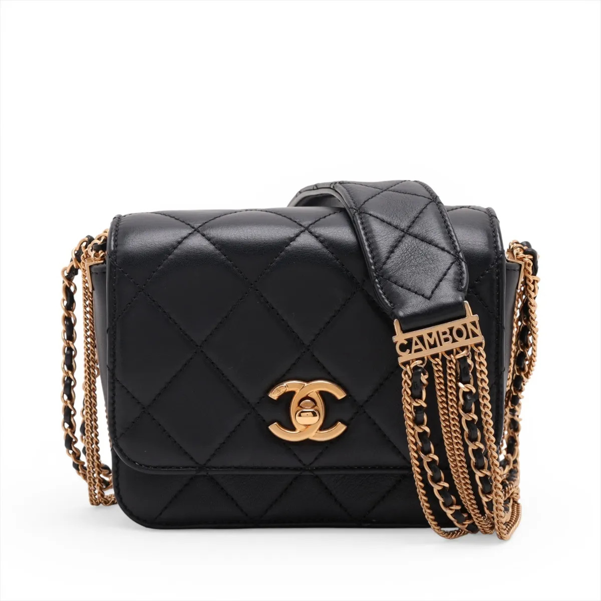 Chanel Matelasse Lambskin Chain Shoulder Bag Black Gold Metal Fittings 30 AS2051