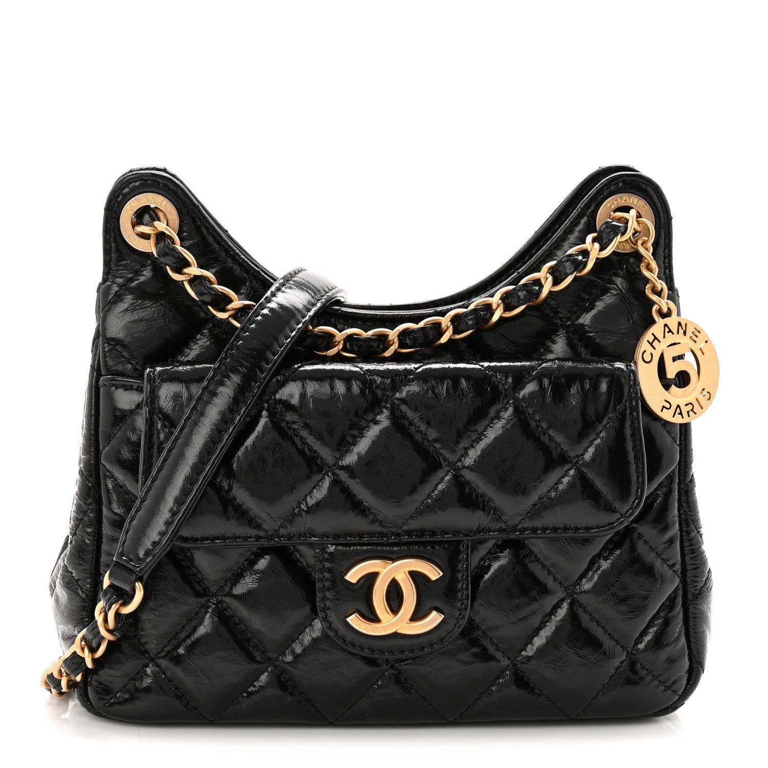Chanel Shiny Crumpled Calfskin Quilted Small Wavy CC Hobo Black