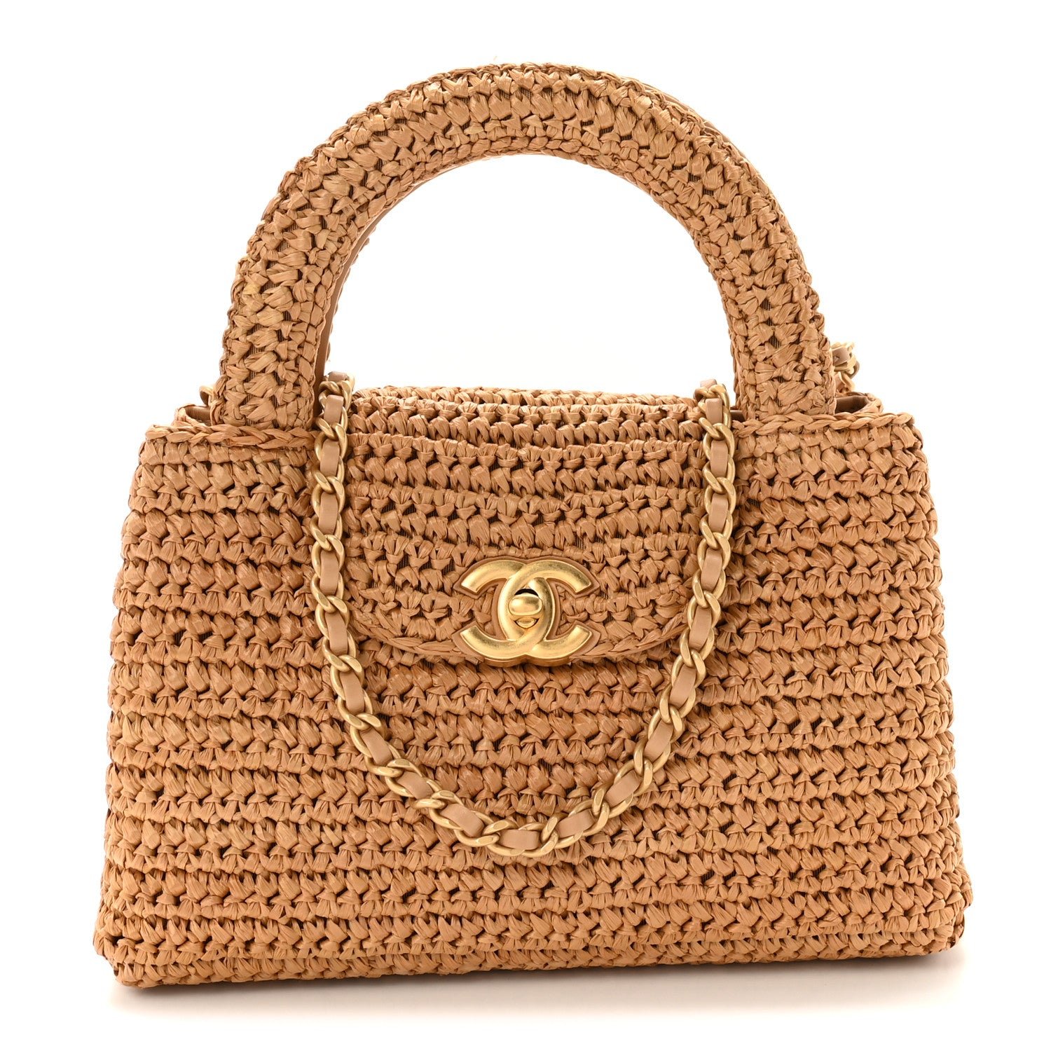 Chanel Braided Raffia Nano Kelly Flap Bag Dark Beige