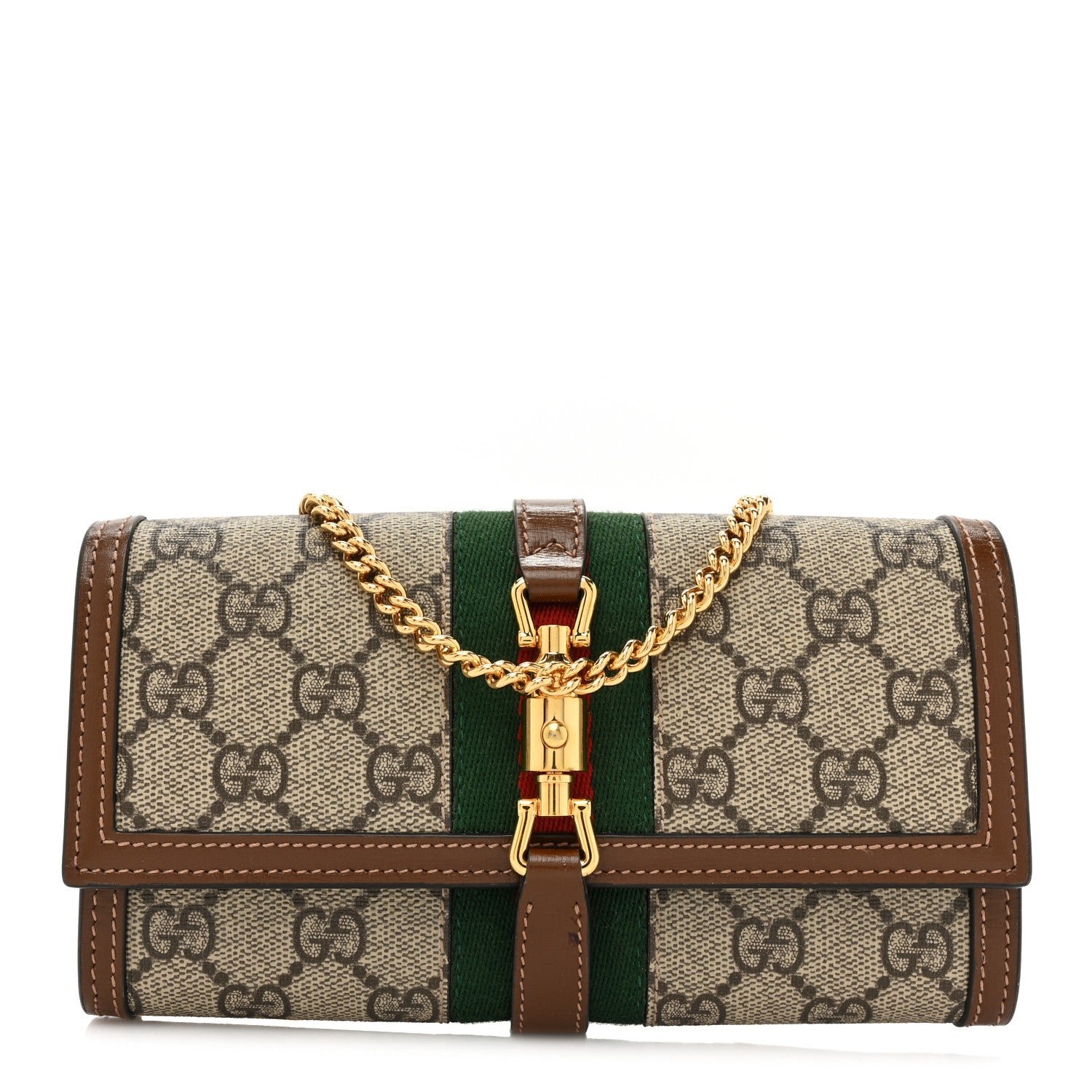 Gucci GG Supreme Monogram Azalea Calfskin Web Jackie 1961 Chain Wallet Beige Ebony Brown Sugar