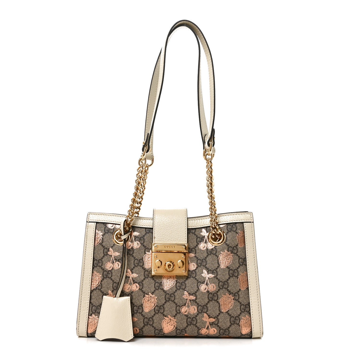 Gucci GG Supreme Monogram Berry Textured Dollar Calfskin Small Padlock Tote Beige Ebony Light Copper Mystic White