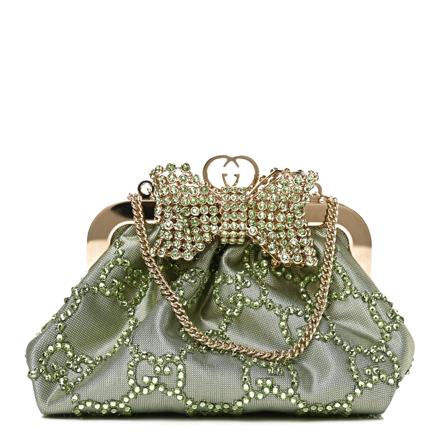 Gucci Nylon Crystal GG Monogram Mini Bow Clutch With Chain Green
