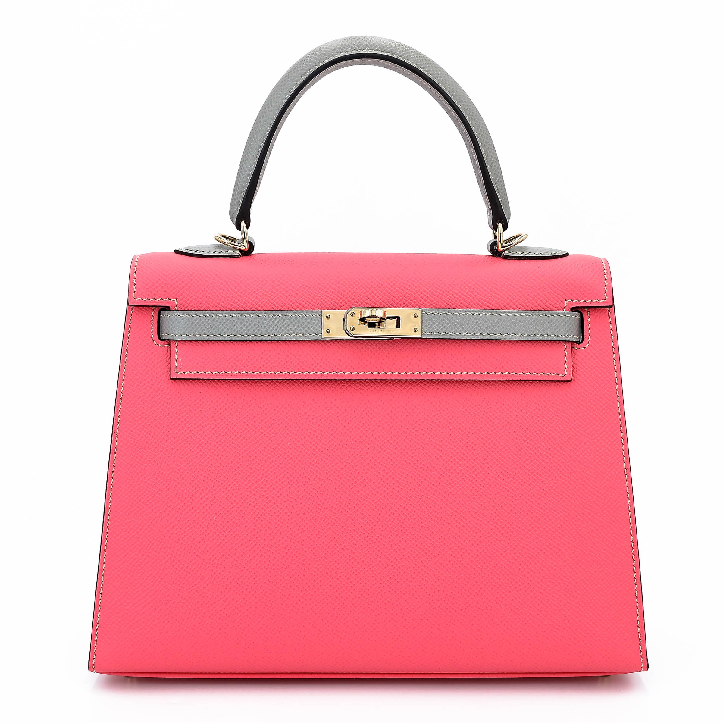 Excellent ( Rank SA ) HERMÈS Special Order Kelly 25 Sellier HSS Rose Azalee (8W) Gris Mouette (4Z) Epsom Permabrass hardware A (2017)