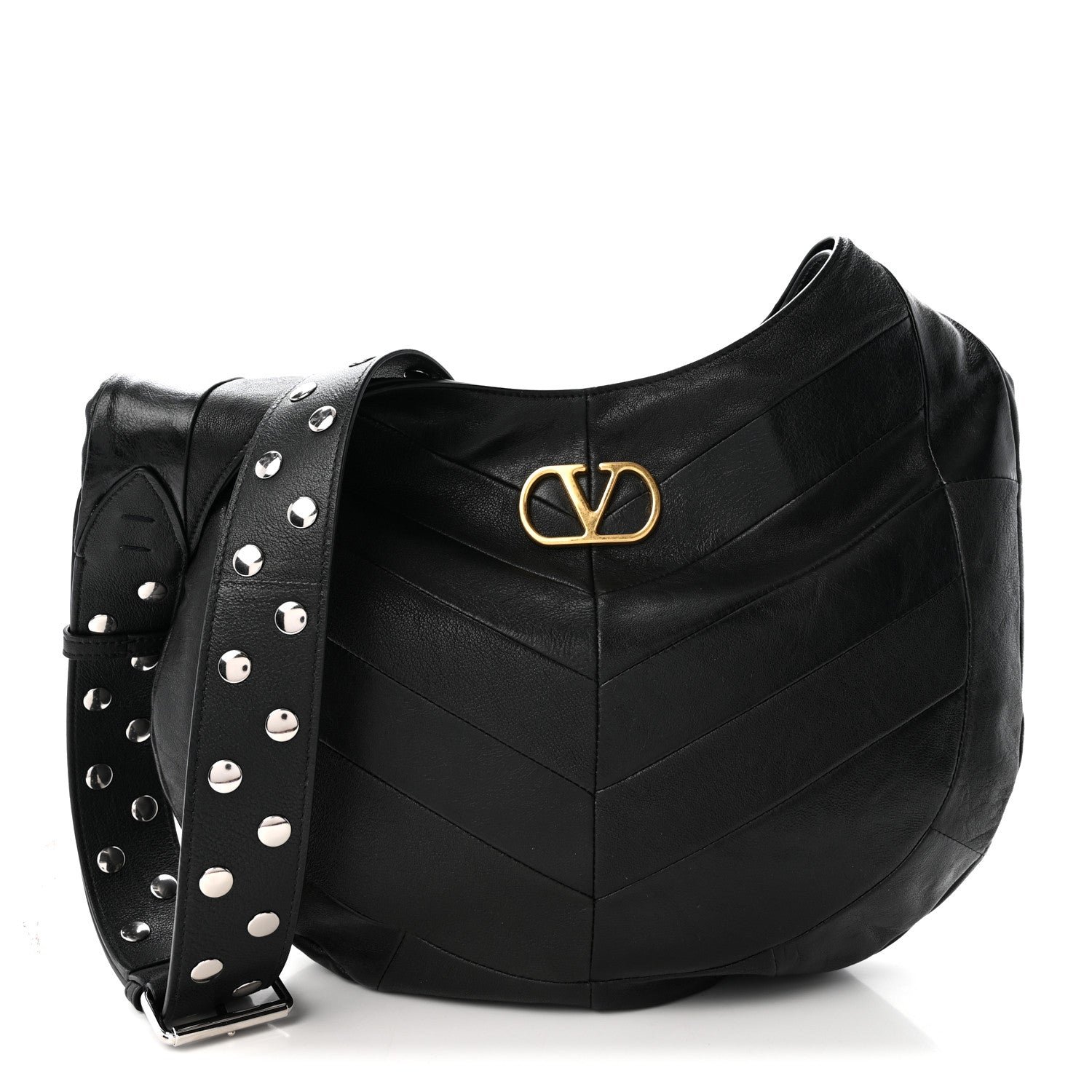 Valentino Garavani Shiny Nappa Chevron Patchwork Small Hoboho Bag Black