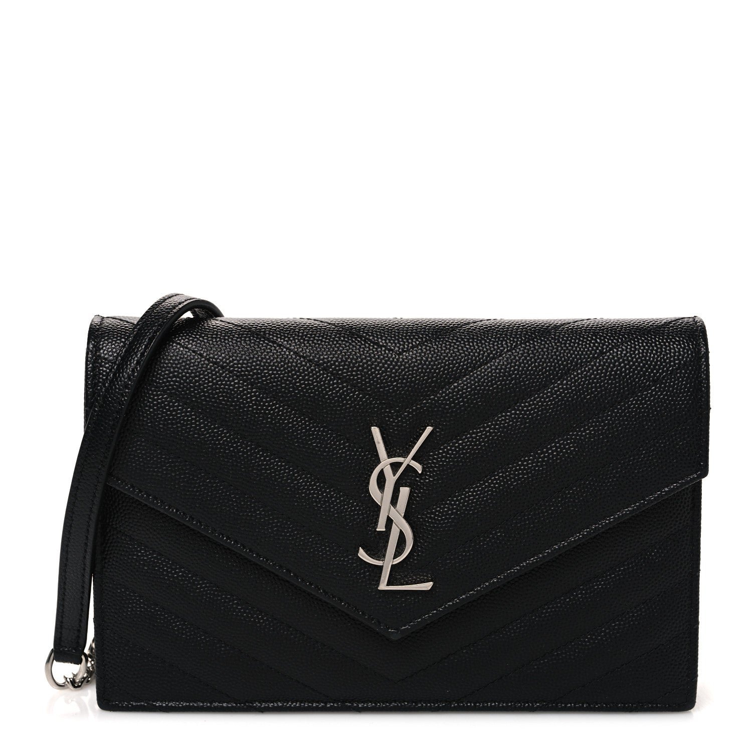 Saint Laurent Grain De Poudre Matelasse Chevron Monogram Envelope Chain Wallet Black