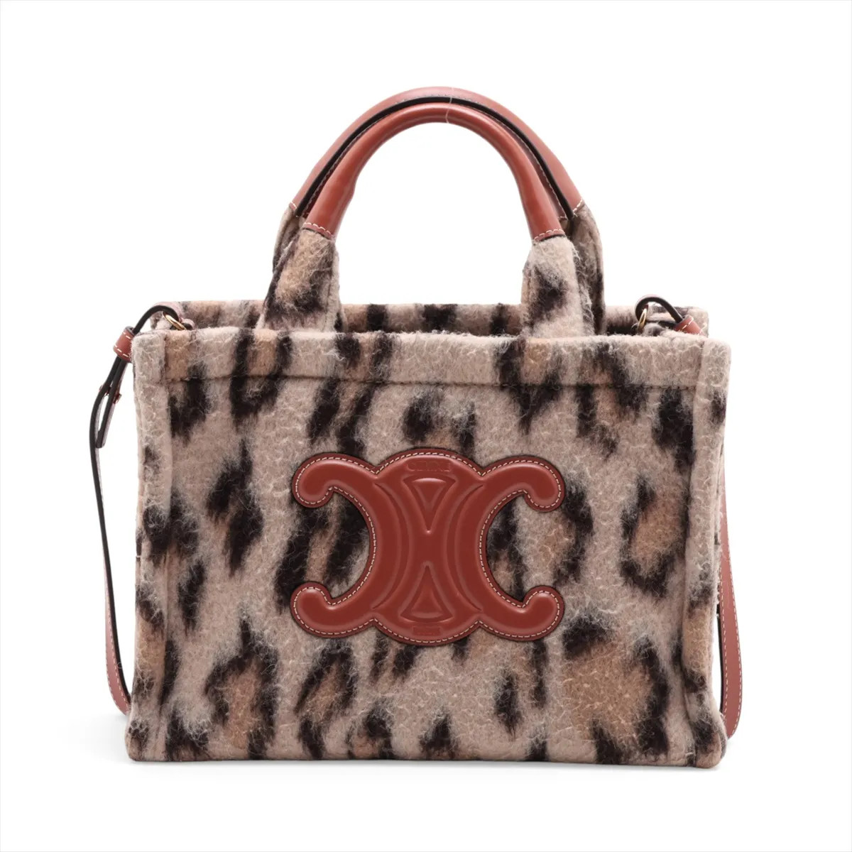 Celine Triomphe Small Cabas Thaise Wool & Leather 2 Way Handbag Beige×Brown