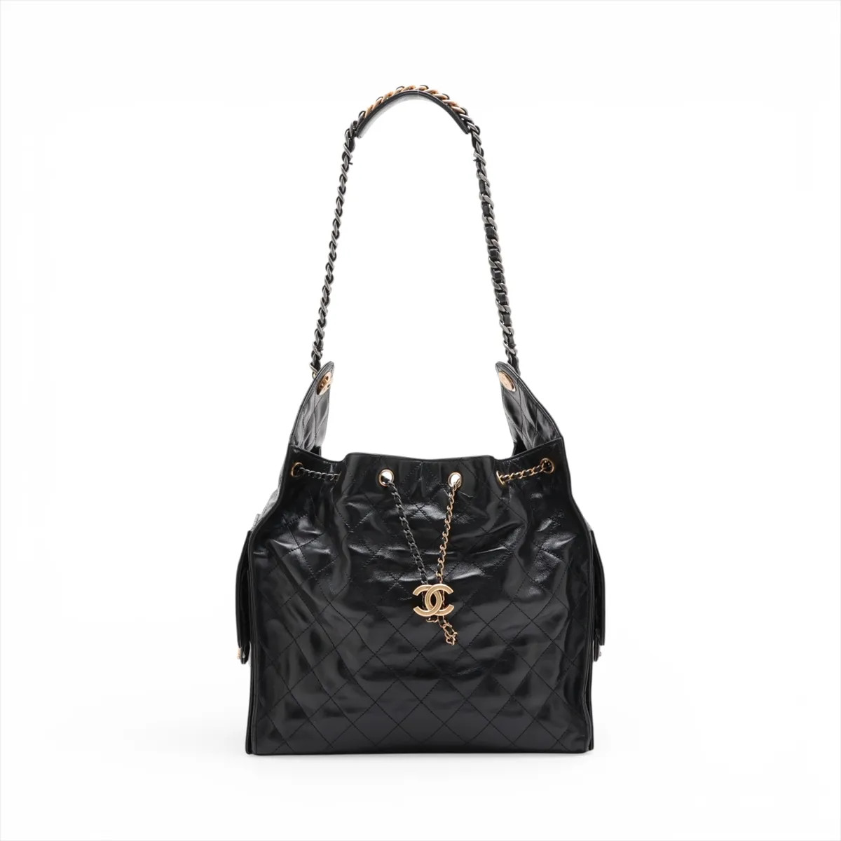 Chanel Chanel 25 Medium Calfskin Chain Shoulder Bag Black Gold x Silver Metal Fi