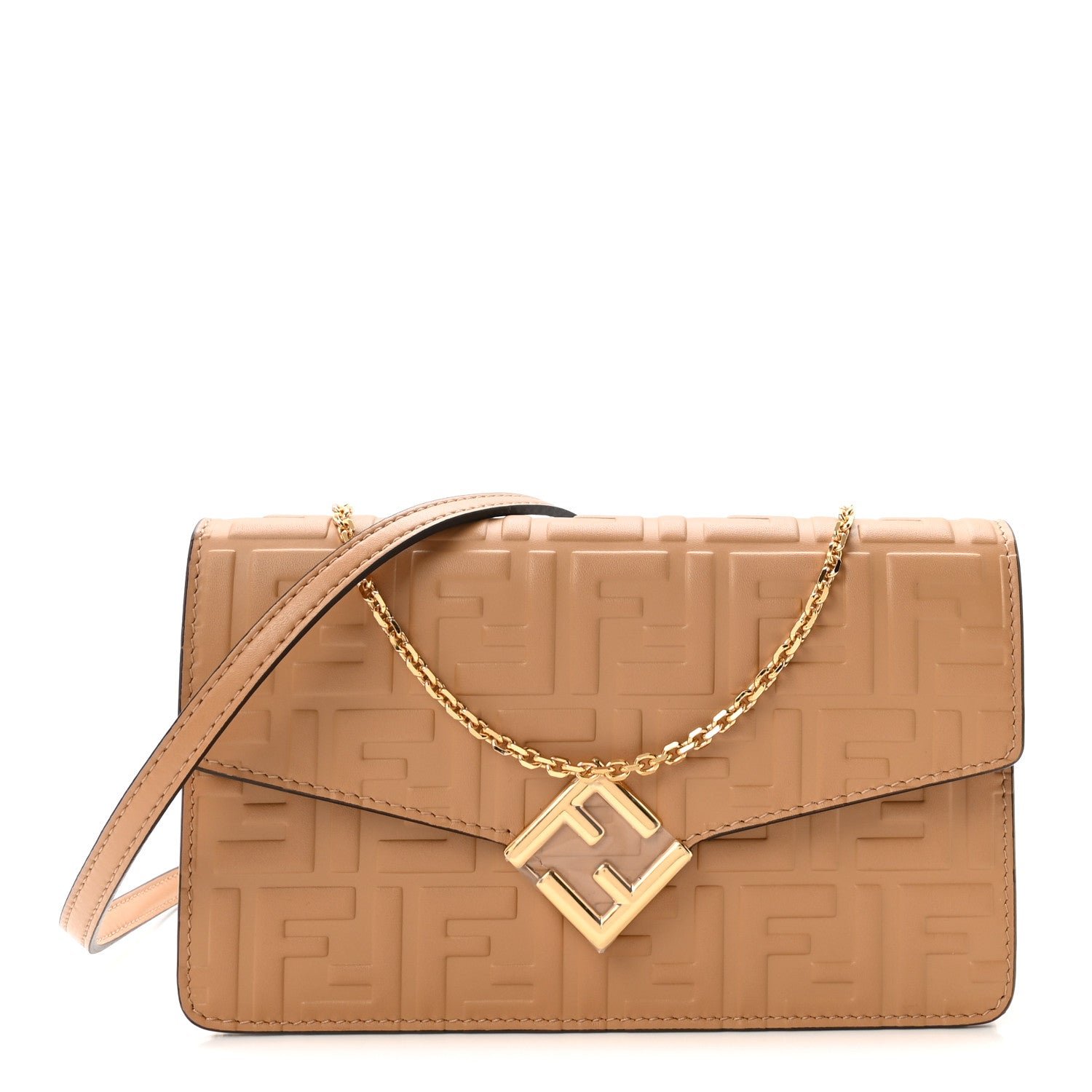Fendi Vitello Ceylon Bi-Color FF 1974 Embossed FF Diamonds Chain Wallet Miele Scuro