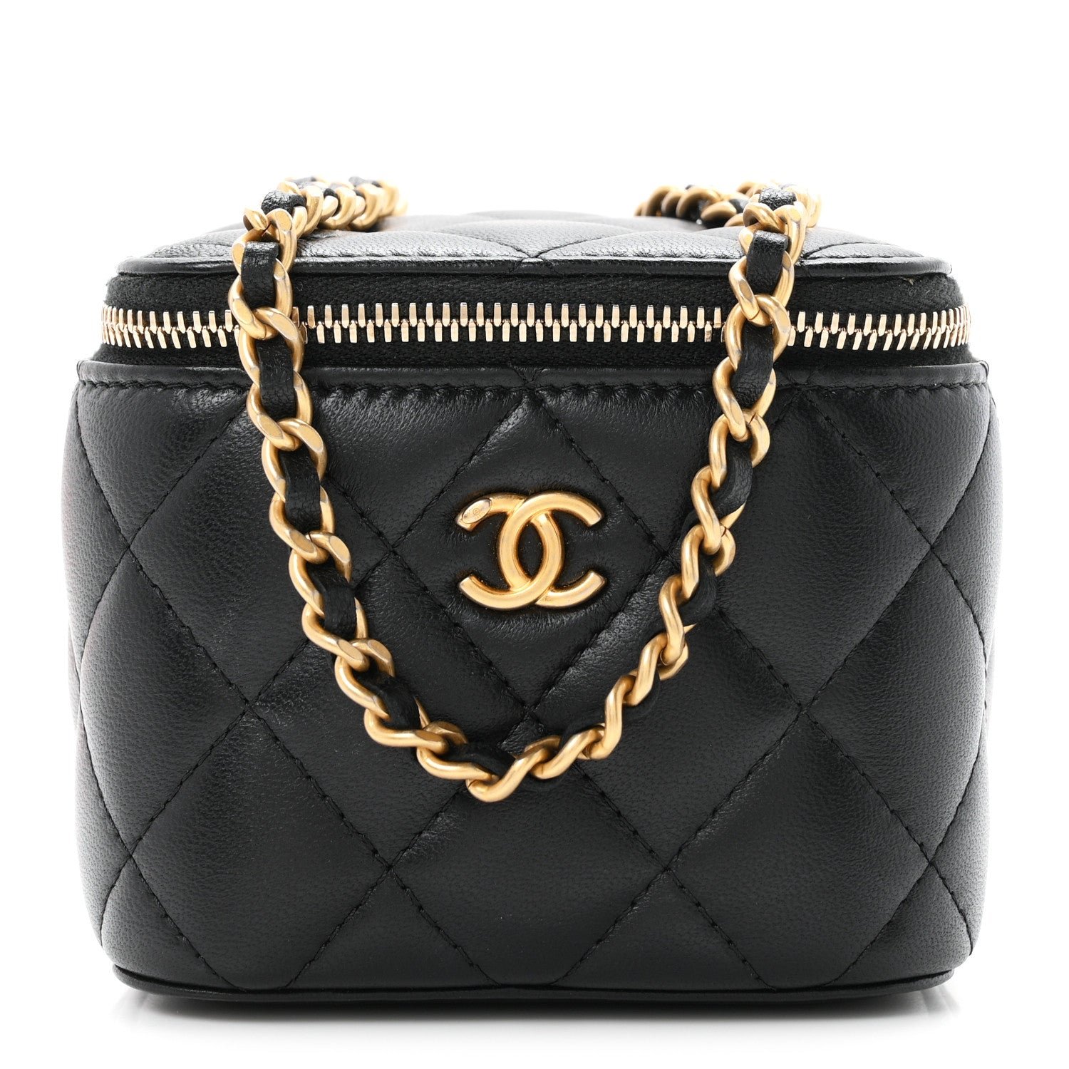 Chanel Lambskin Quilted Mini Pearl Crush Vanity Case With Chain Black