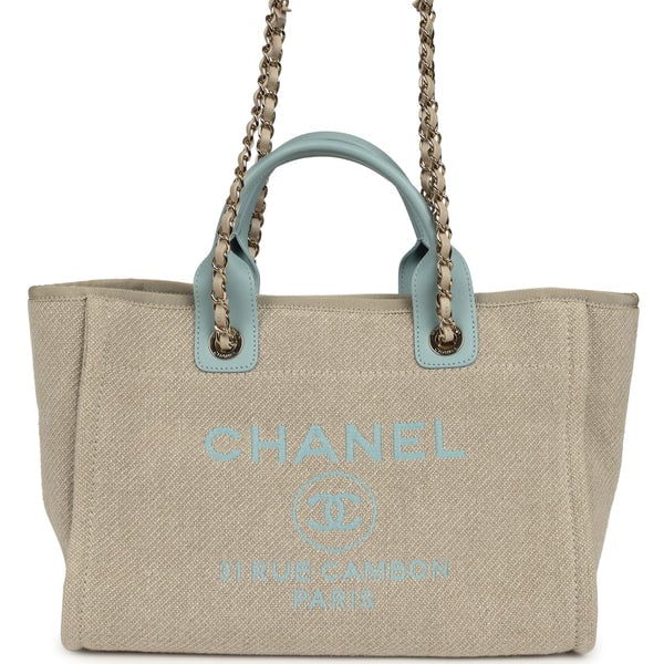 Pre-owned Chanel Small Deauville Shopping Tote Beige Canvas, Light Blue Calfskin Light Gold Hardware