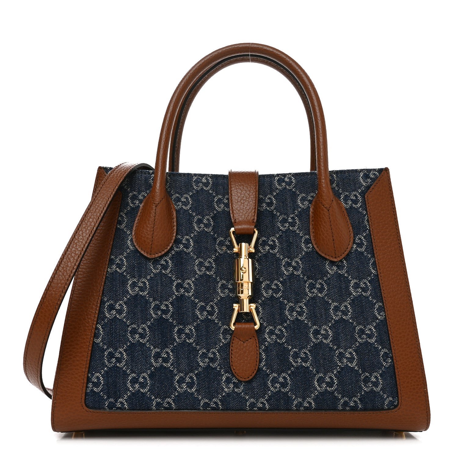 Gucci New Denim GG Monogram Dollar Calfskin Medium Jackie 1961 Tote Blue Tea Cuir Epilog
