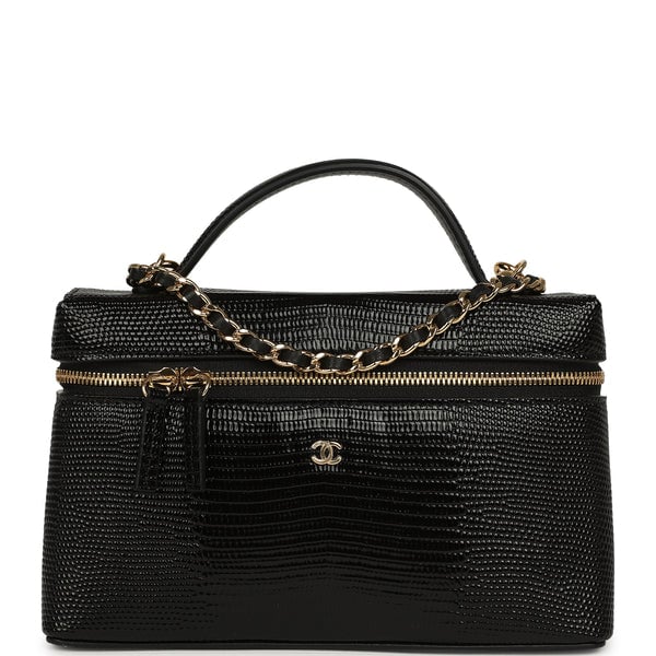 Chanel Top Handle Long Vanity Case with Chain Black Lizard Embossed Calfskin Gold Hardware