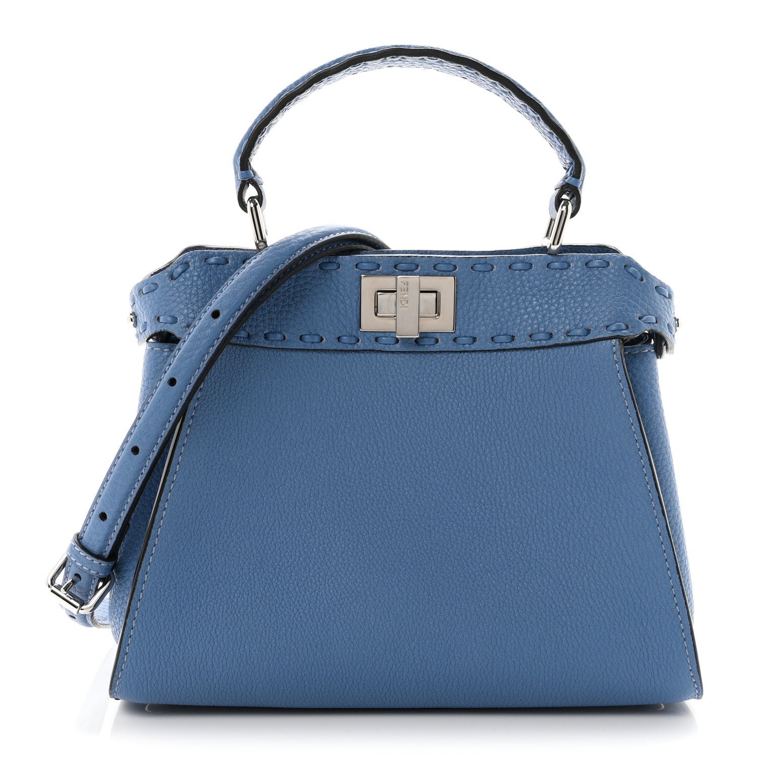 Fendi Cuoio Romano Selleria Macro Stitchings Mini Peekaboo Iconic Satchel Placca Argento Blue