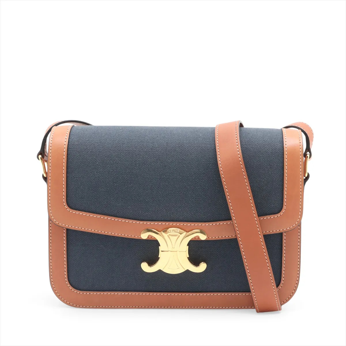 Celine Triomphe Classic Canvas & Leather Shoulder bag Navy x brown