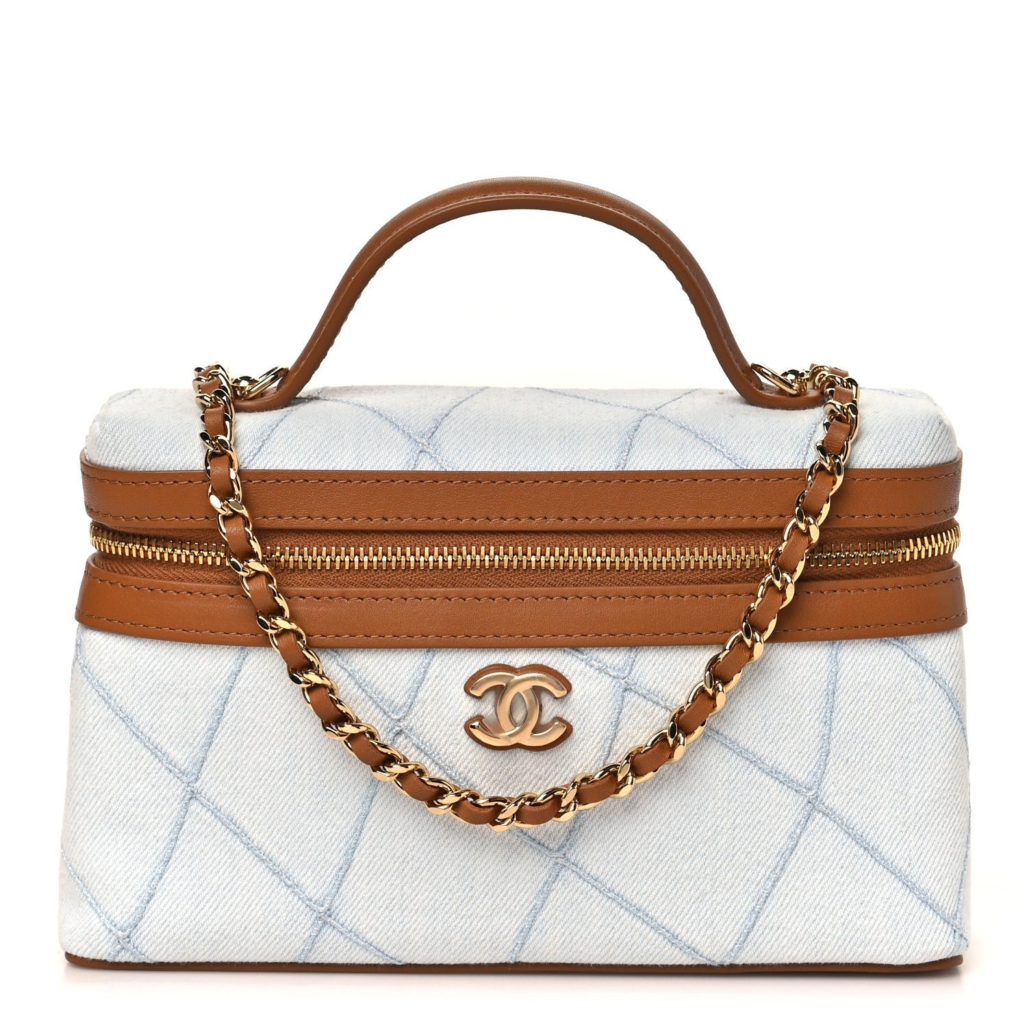 Chanel Washed Denim Calfskin Quilted Top Handle Slim Vanity Case With Chain Blue Brown
