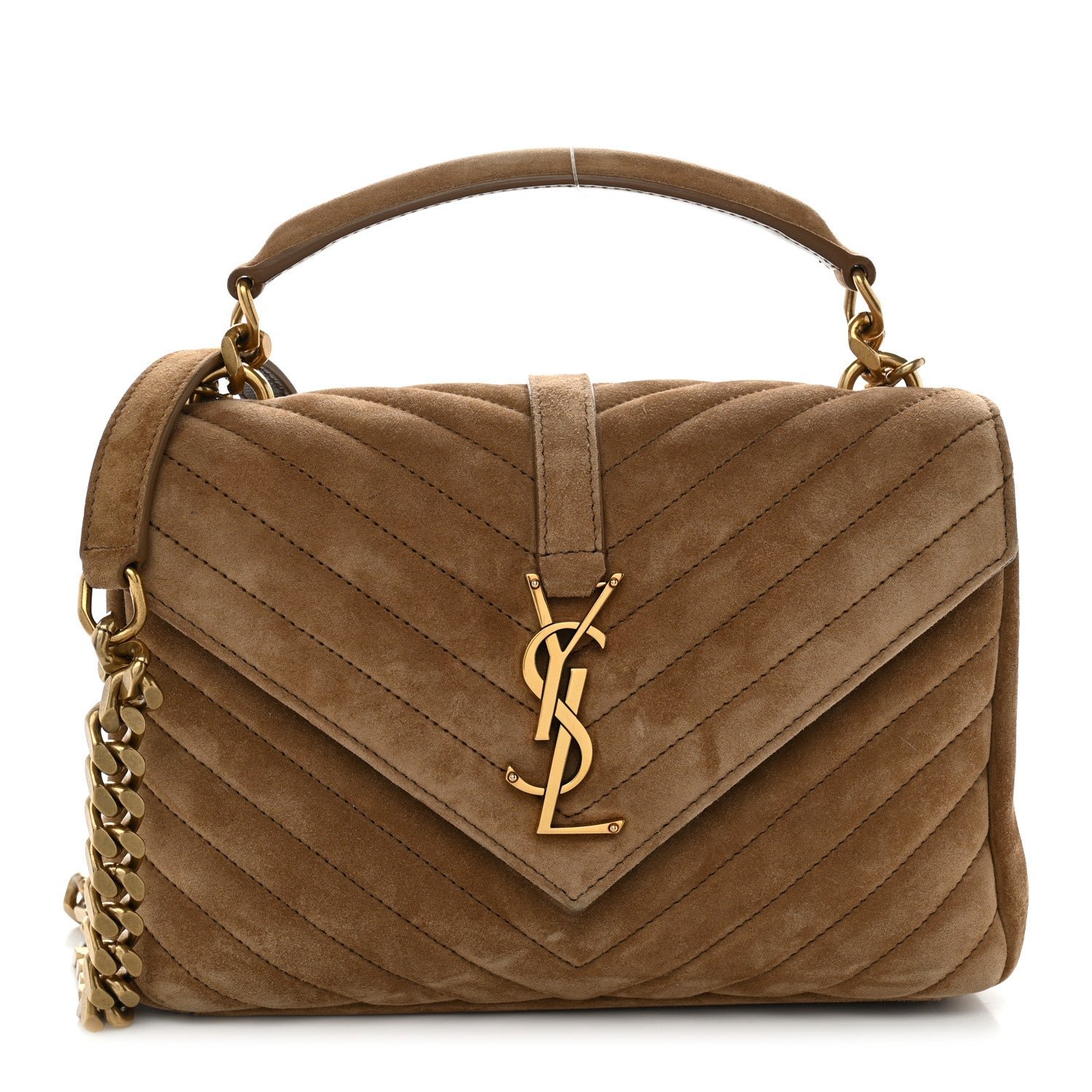 Saint Laurent Suede Matelasse Chevron Monogram Medium College Bag Matte Gold