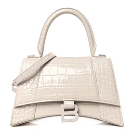 Balenciaga Shiny Calfskin Monochrome Crocodile Embossed Hourglass Top Handle Bag XS Nacre
