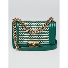 Chanel Green/White Woven Lambskin Leather Small Boy Bag