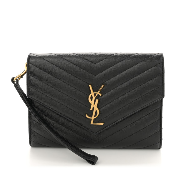 Saint Laurent Grain De Poudre Matelasse Chevron Monogram Cassandre Flap Pouch Black
