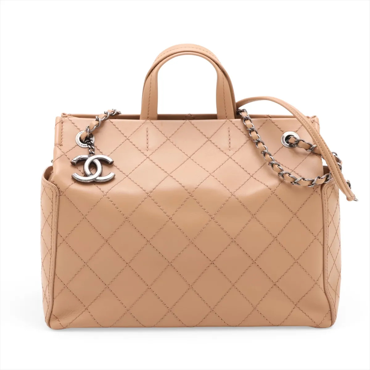 Chanel Wild Stitch Lambskin 2 Way Handbag Beige Gunmetal Fittings 21XXXXXX