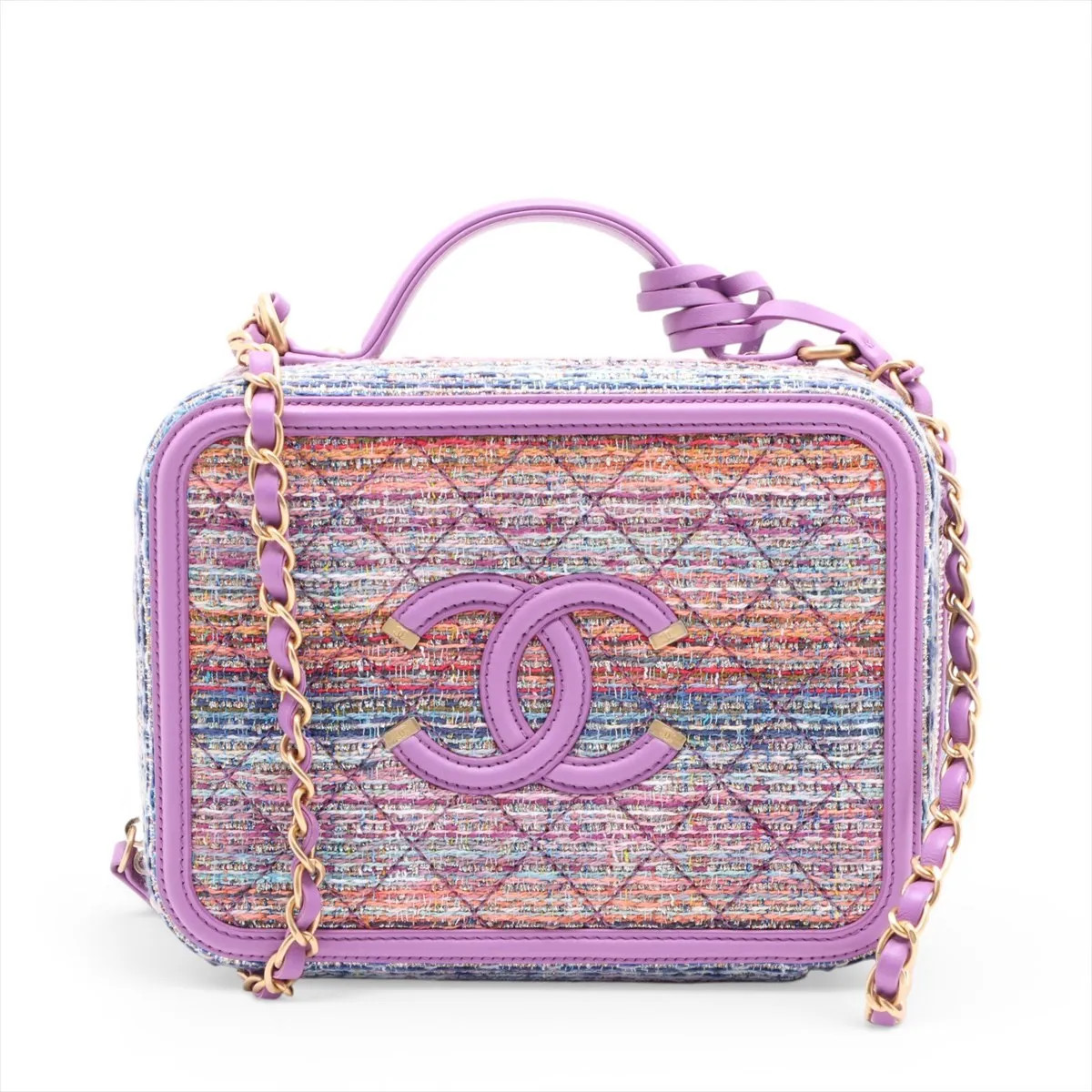 Chanel CC Filigree Tweed x Leather 2 Way Handbag Purple Gold Metal Fittings 29th