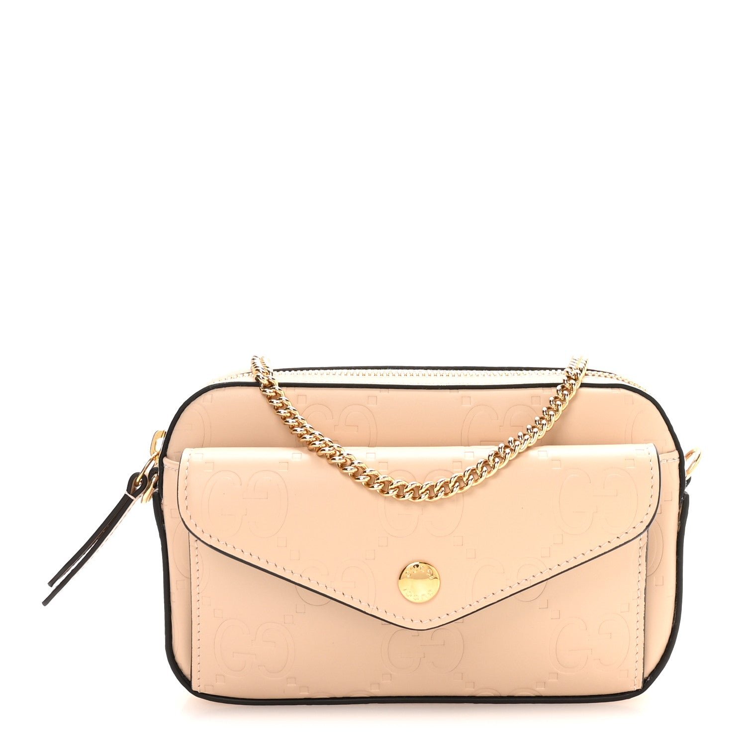 Gucci Calfskin GG Super Mini Debossed Chain Wallet Light Beige