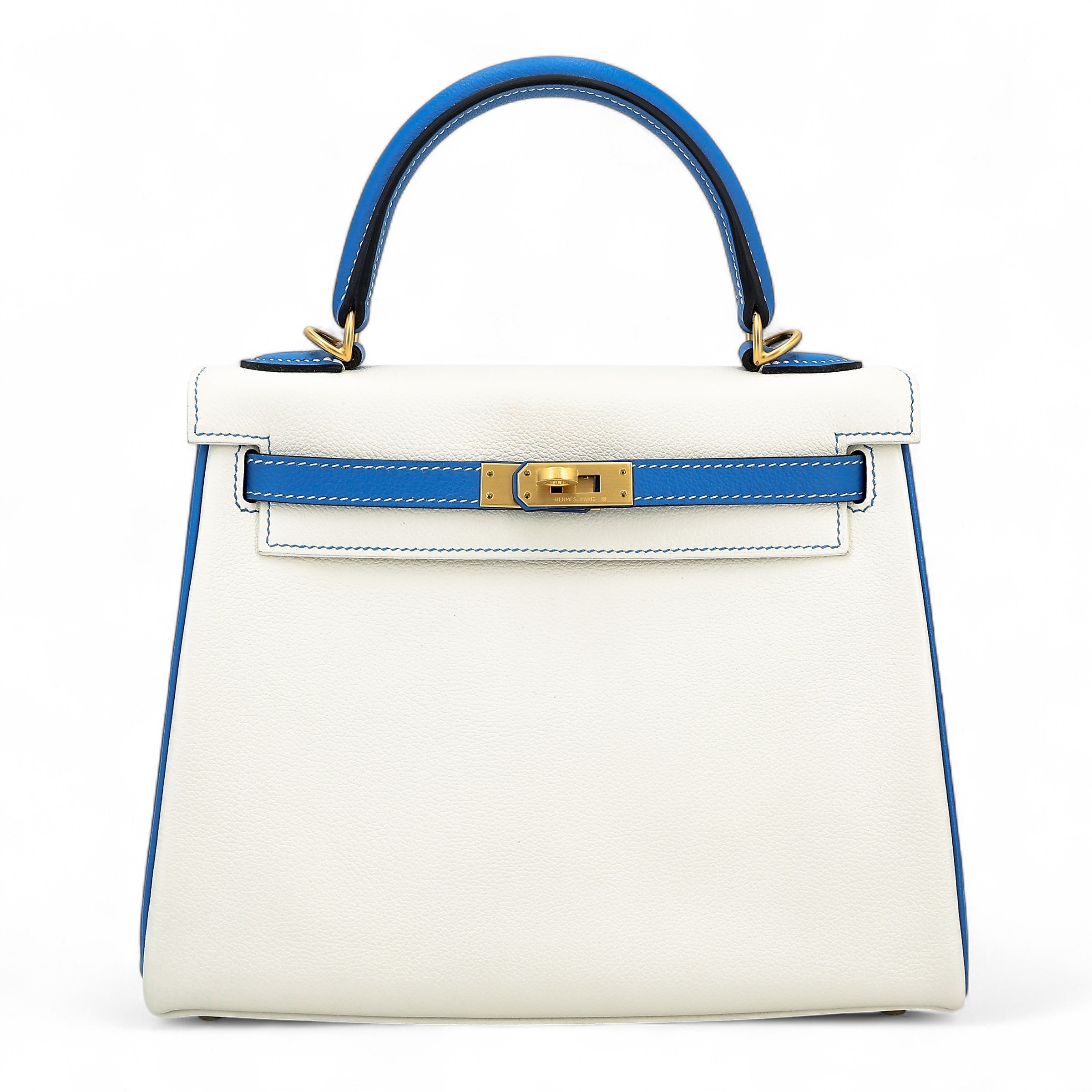 Hermes Excellent ( Rank SA ) HERMÈS Special Order Kelly 25 HSS White (01) Bleu Hydra (T7) Evercolor Brushed Gold hardware D (2019)