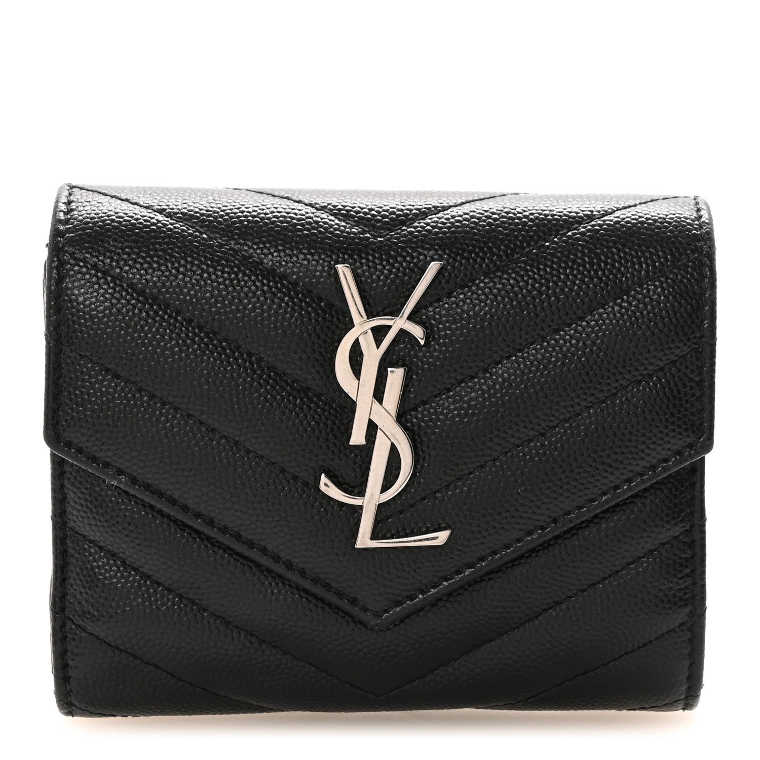 Saint Laurent Grain De Poudre Matelasse Chevron Monogram Compact Tri Fold Wallet Black