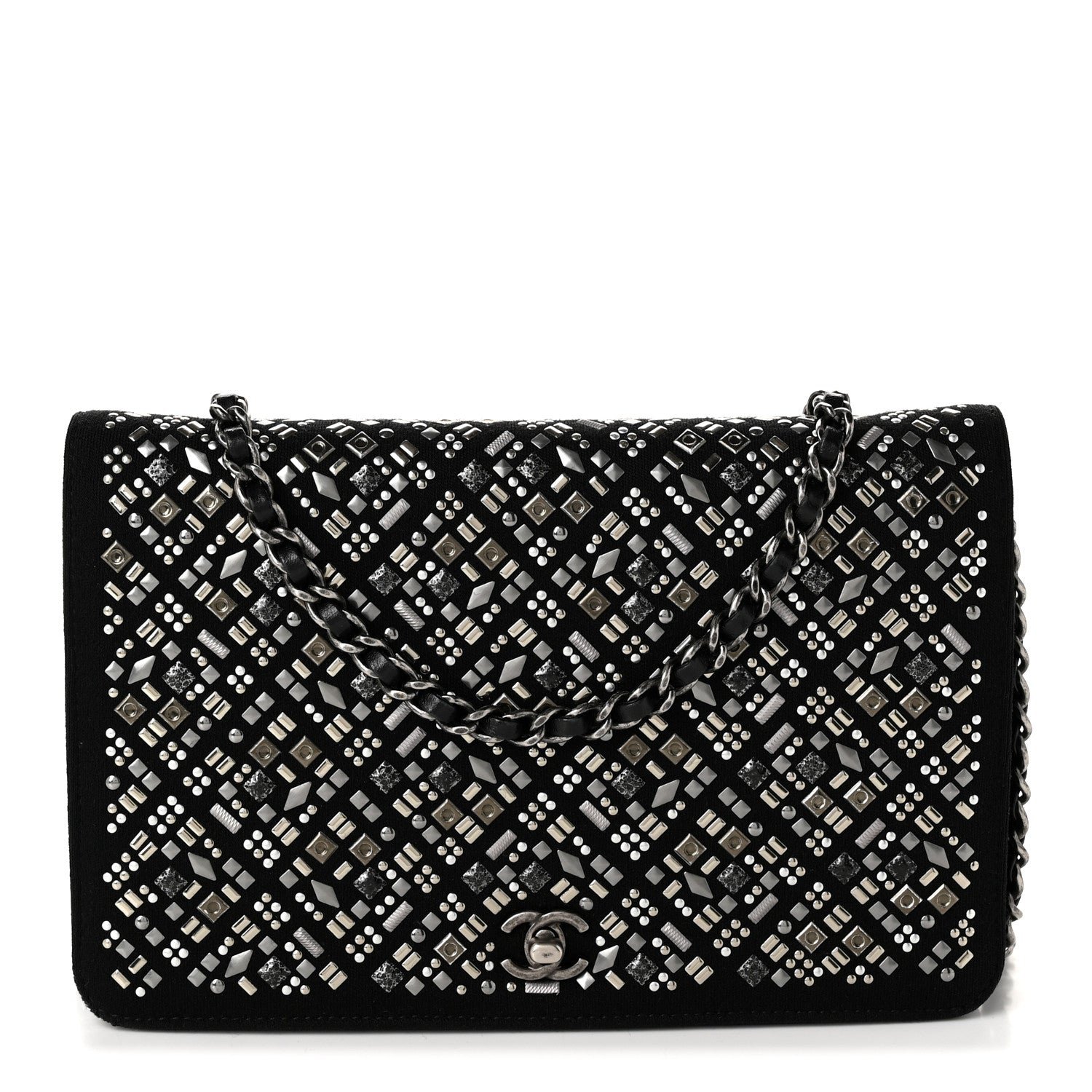 Chanel Lambskin Embellished Quilted Wallet On Chain WOC Black
