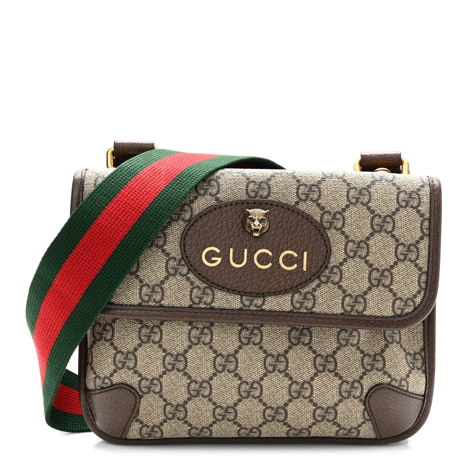 Gucci GG Supreme Monogram Web Small Neo Vintage Double Flap Messenger Bag Beige New Acero