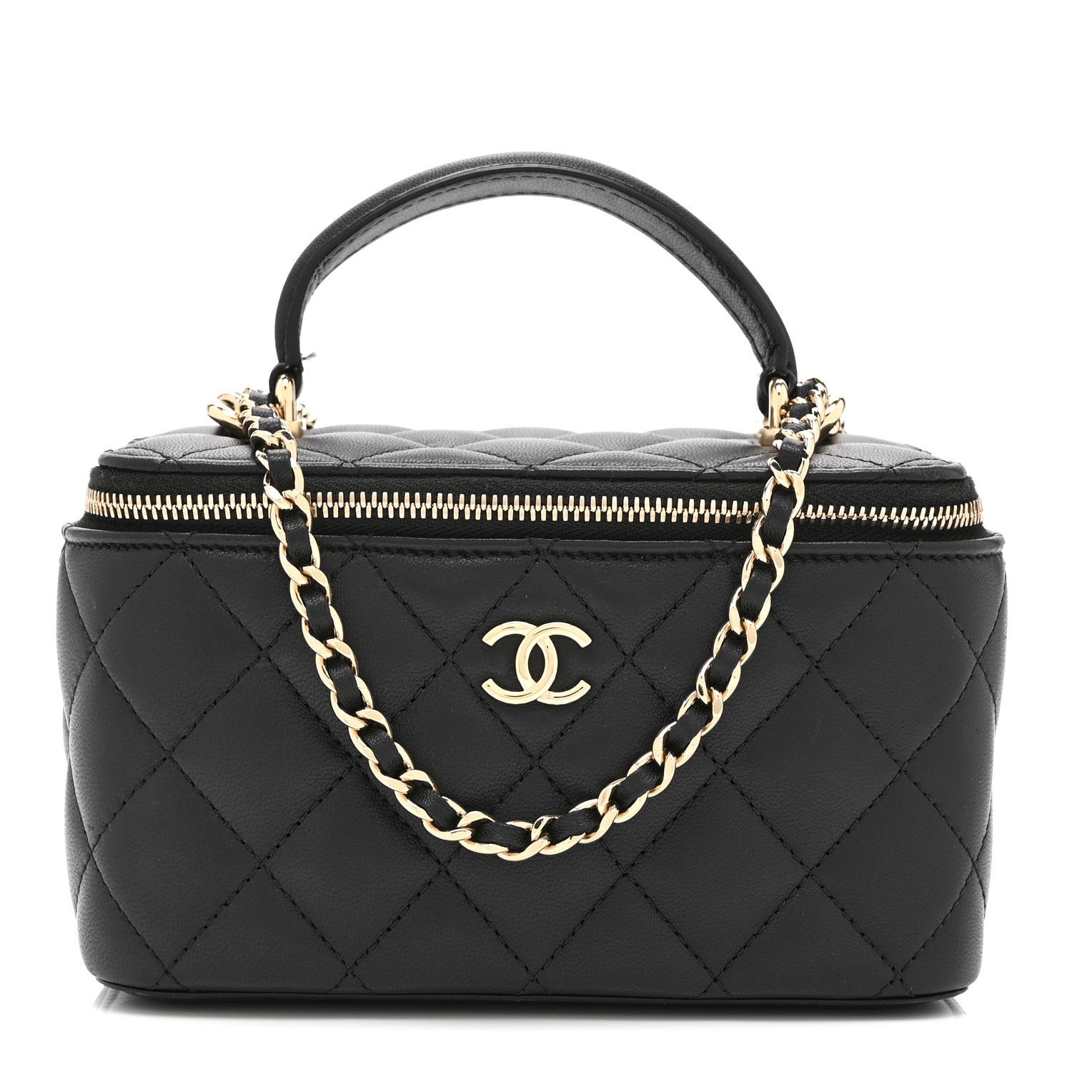 Chanel Lambskin Quilted Small Top Handle Vanity Case With Chain Black
