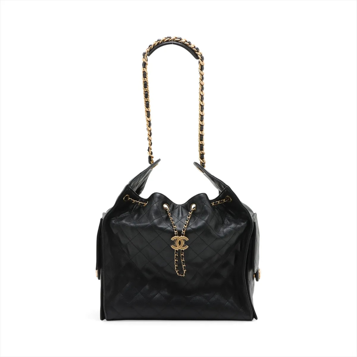 Chanel Chanel 25 Medium Caviar Skin Chain Shoulder Bag Black Gold Metal Fittings