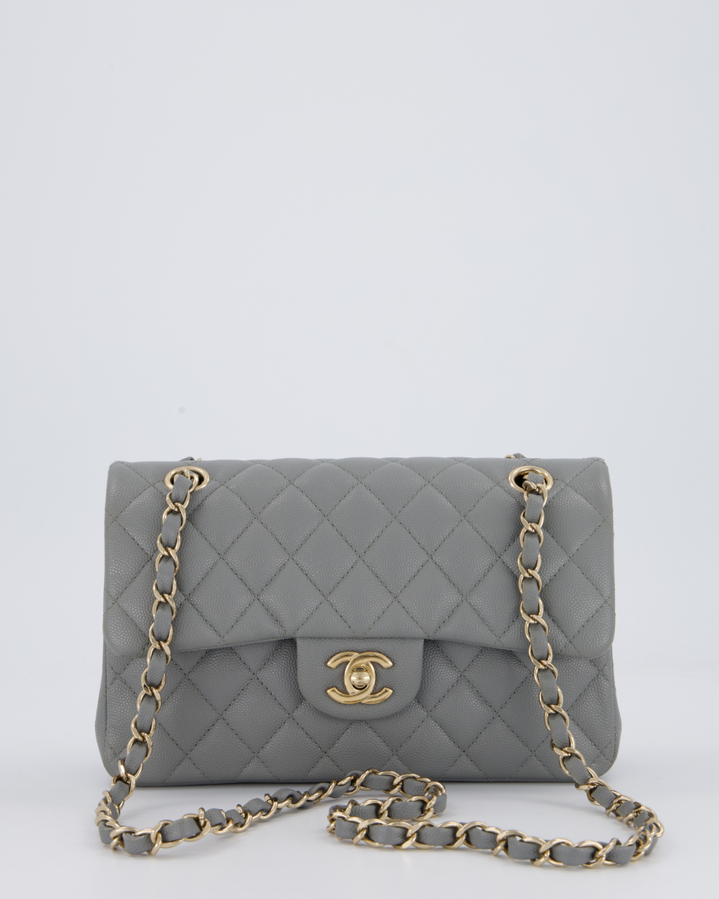 Chanel Grey Small Classic Double Flap Bag in Caviar Leather with Champagne Gold Hardware
