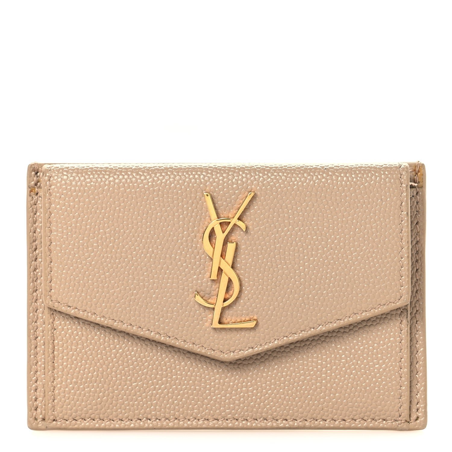 Saint Laurent Grain De Poudre Uptown Monogram Card Case Dark Beige