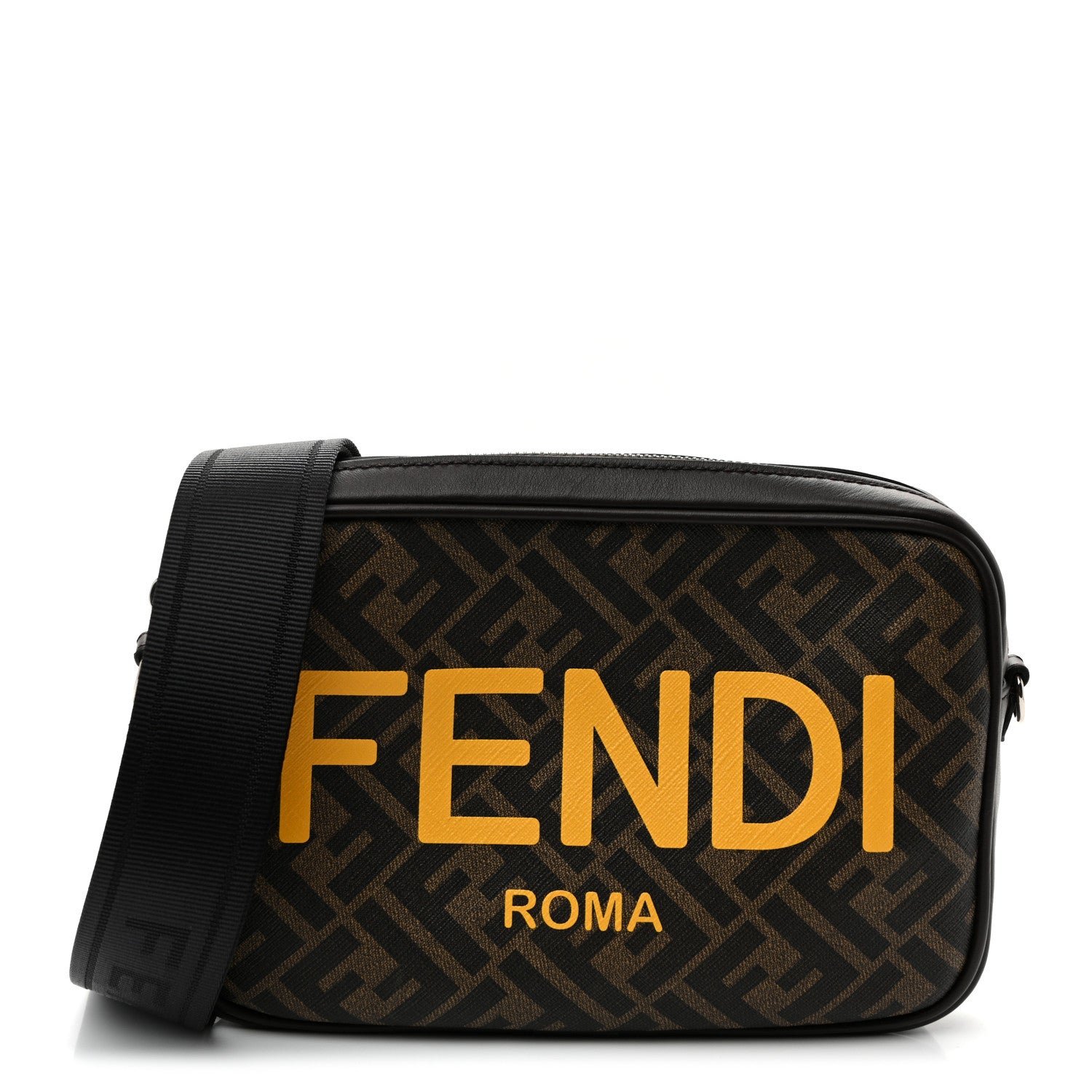 Fendi Shiny Glazed Fabric Vitello Cover FF 1974 Logo Medium Camera Case Tobacco Moro Giallo Ebano