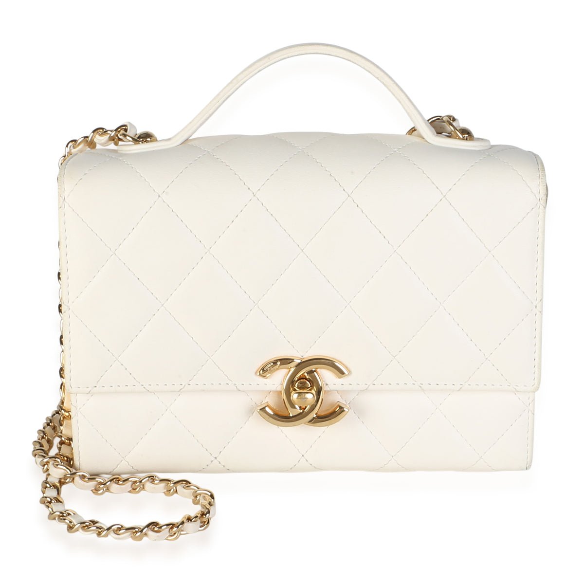 White Quilted Lambskin Mini Golden Plate Flap Bag