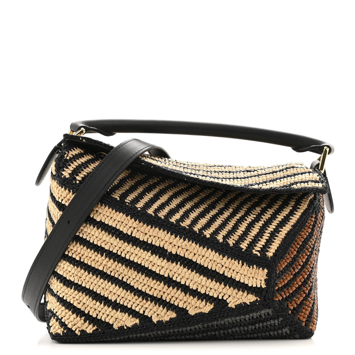Loewe Raffia Calfskin Small Puzzle Bag Natural Honey Gold
