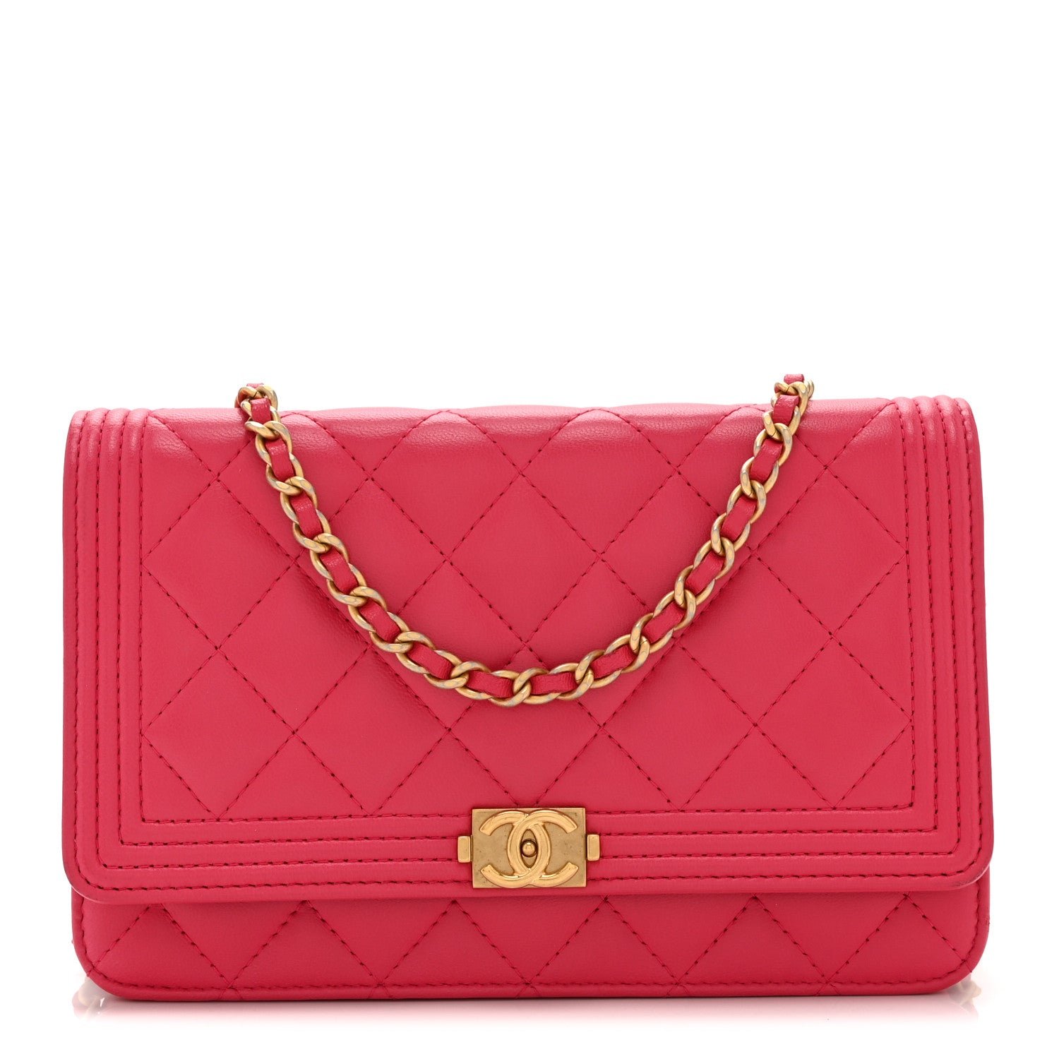 Chanel Lambskin Quilted Boy Wallet On Chain WOC Dark Pink